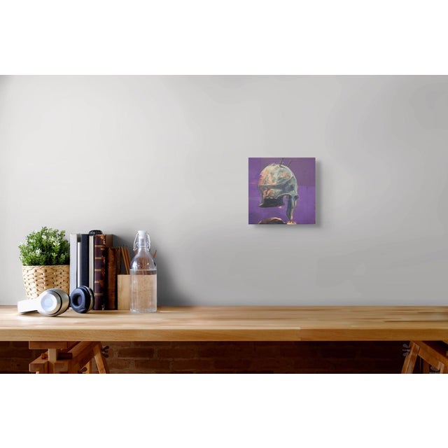 Early 21st Century Keeping an Eye on You by Elena Burykina | Oil on panel Painting of a helmet on a purple background For Sale - Image 5 of 5
