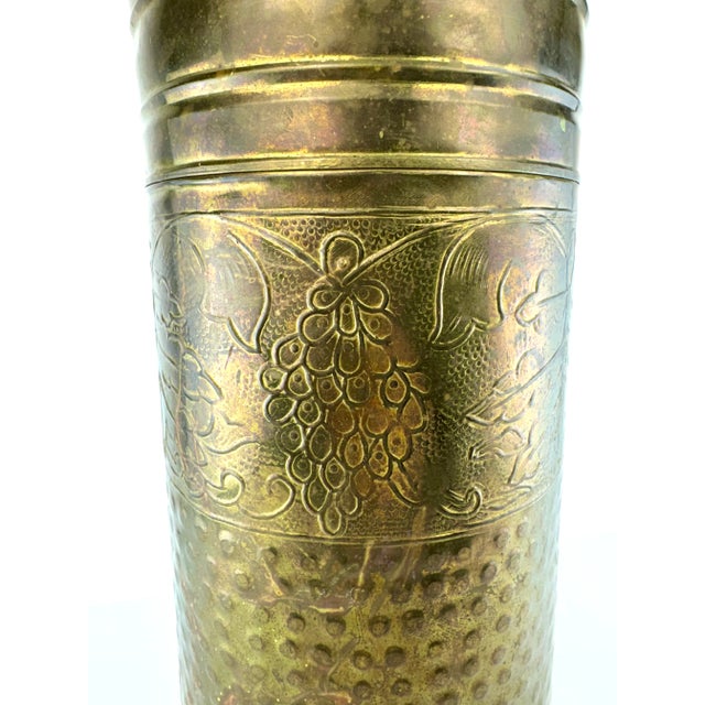 Rustic European Vintage Hammered Brass Umbrella Stand With Grapevine Motif For Sale - Image 3 of 15