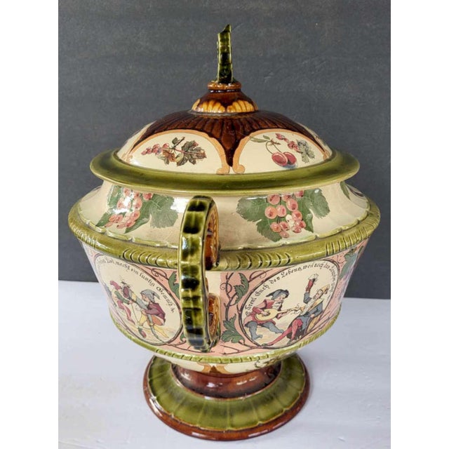 Dark Green Antique Mettlach Pottery Punch Bowl and Matching Cups For Sale - Image 8 of 17