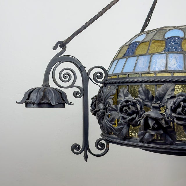 Art Nouveau Revival Wrought Iron Chandelier with Floral Stained Glass, Italy, 1950s For Sale - Image 9 of 18