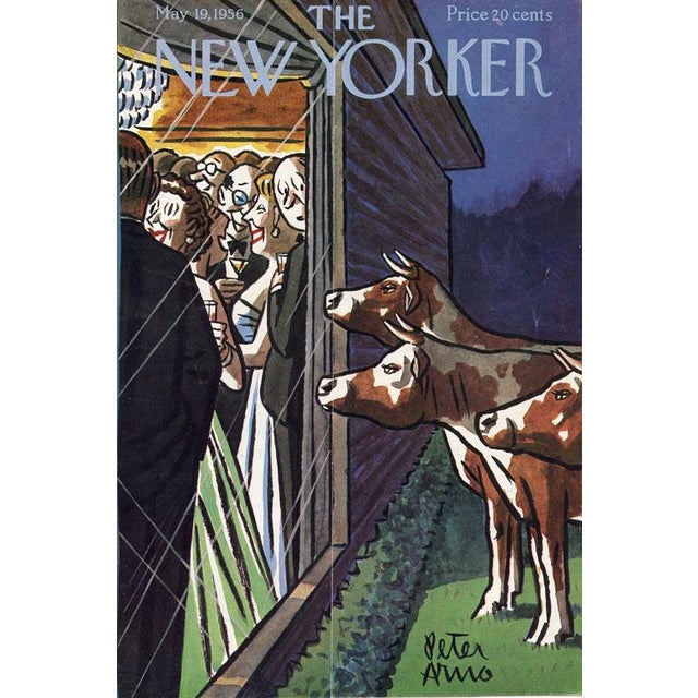 Original vintage New Yorker magazine cover dated May 19, 1956 featuring a Cocktail Party and Cows theme. Cover...