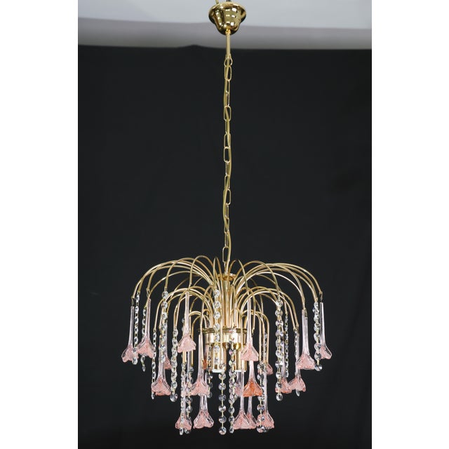 1980s Meryl Streep, Pink Murano Flowers and Crystal Drops Chandelier - Set of 2 For Sale - Image 6 of 16