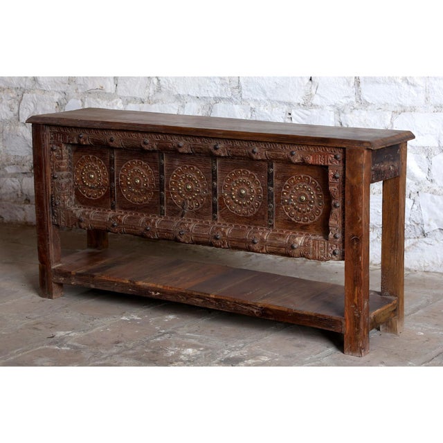 Antique Indian Carved Console Table With Floral Motifs & Brass Stud Detailing – Rustic Entryway Accent 63 For Sale - Image 4 of 6