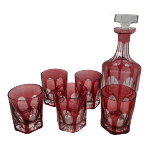 Vintage Cranberry Crystal Set of Decanter and Glasses- 6 Pieces