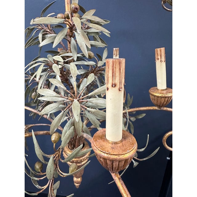 Metal Vintage Tole Olive and Olive Leaf Chandelier For Sale - Image 7 of 9