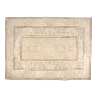 Vintage Turkish Area Rug, 9'7" X 6'8" Hand-Knotted Minimalist Oushak Carpet, Neutral Beige and Soft Green Decorative Wool and Cotton Blend Rug For Sale