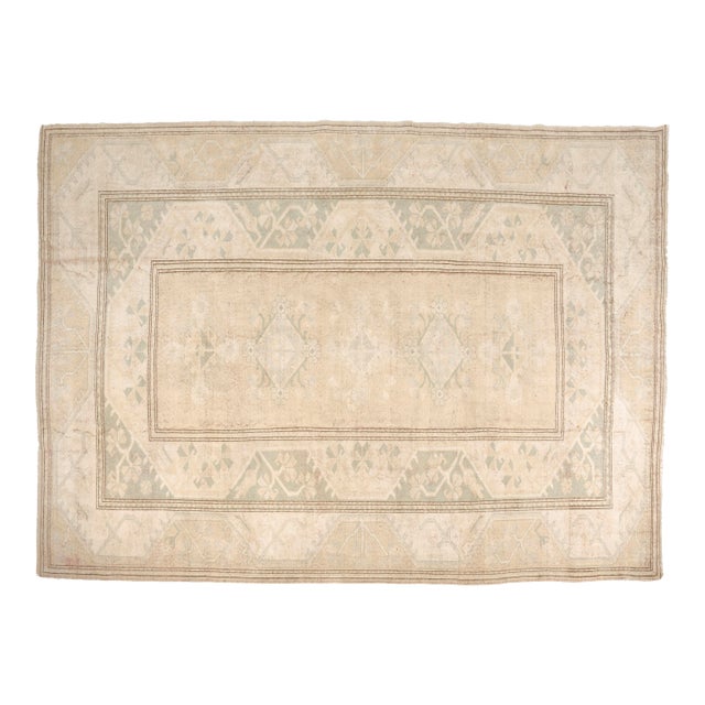 Vintage Turkish Area Rug, 9'7" X 6'8" Hand-Knotted Minimalist Oushak Carpet, Neutral Beige and Soft Green Decorative Wool and Cotton Blend Rug For Sale