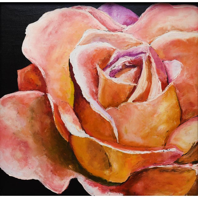 Oil on board, 26" x 26", by Yulias. This close-up portrait of a rose captures the intricate layers of its petals, rendered...