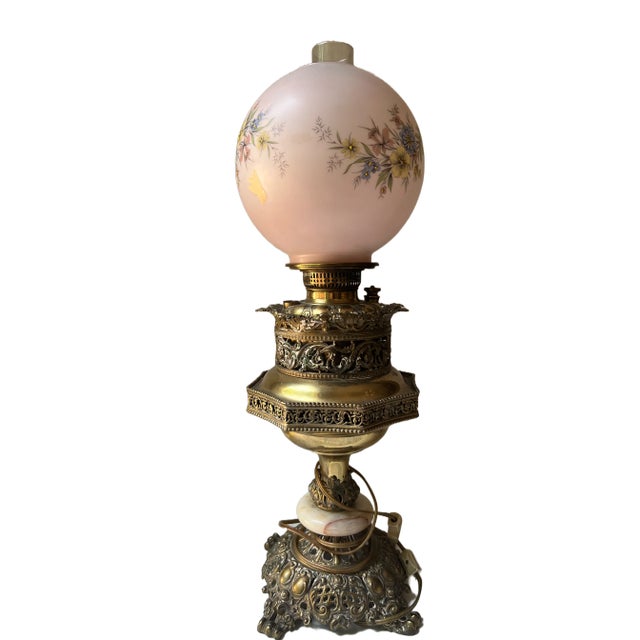 Early 20th Century Electrified Oil Lamp With Floral Shade and Onyx Cast Metal Base For Sale - Image 13 of 13