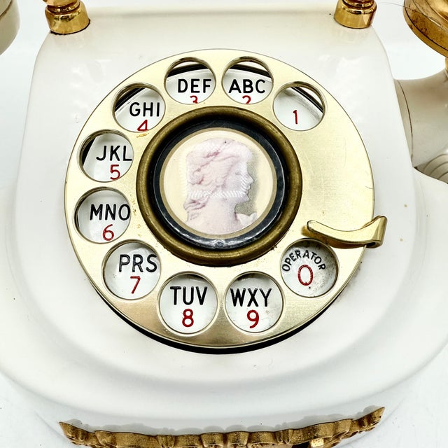 Victorian Vintage 1980s White & Gold Victorian Style Rotary Dial Telephone, Made in Japan For Sale - Image 3 of 9