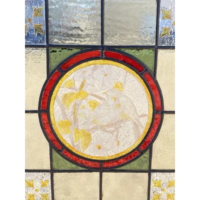 Early 20th Century Antique French Art Nouveau Stained Leaded Glass Windows With Birds - A Pair For Sale - Image 5 of 12