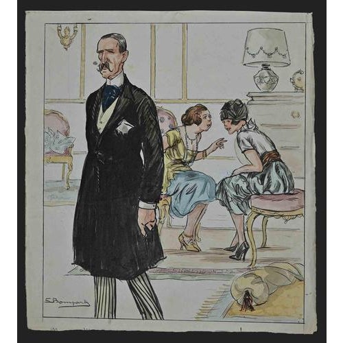 Gossip is a watercolor and ink drawing on ivory-colored paper, in the 1920s realized by Luigi Bompard (1879-1953). Hand-...