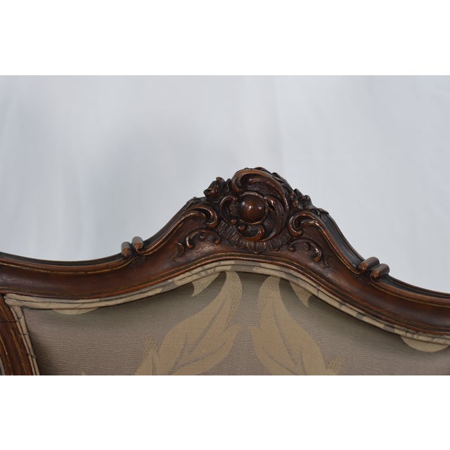 French Provincial Scalamandre Silk Damask on Restored Circa 1920 Antique Louis XV-style Bergere, French Provincial Armchair, Small Accent Chair For Sale - Image 3 of 10