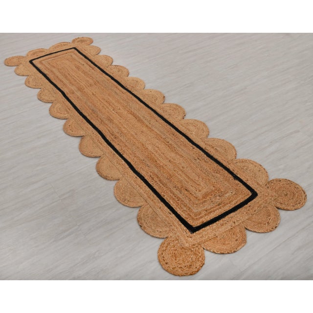 Textile 3x12 Ft. Black Jute Scallop Single Border Handmade Boho Rug For Sale - Image 7 of 12
