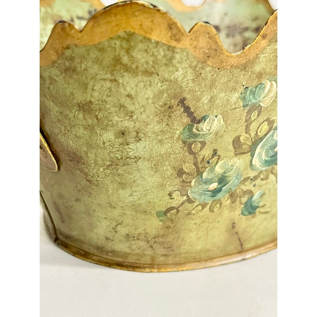 Vintage French Tole Cachepot With Hand-Painted Roses and Scalloped Rim For Sale - Image 14 of 15