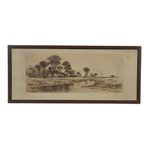 Antique Frederick Leo Hunter Church Farmhouse Country Landscape Etching 20", Framed