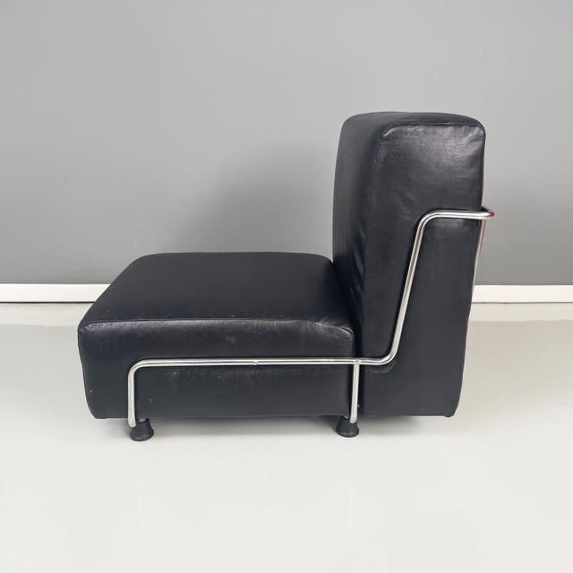 Italian Modern Square Lounge Chair in Black Leather and Metal, 1980s For Sale - Image 3 of 14