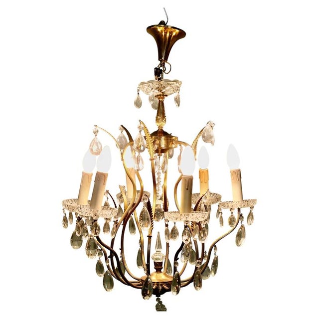 Pink Vintage French Crystal and Brass Chandelier, 1950 For Sale - Image 8 of 8