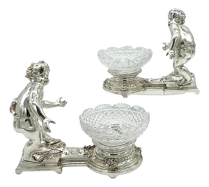 19th C. Christofle Silvered Bronze Putti & Crystal Centerpieces - a Pair