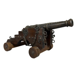 Vintage Decorated Wood and Bronze Naval Cannon, 1940s For Sale