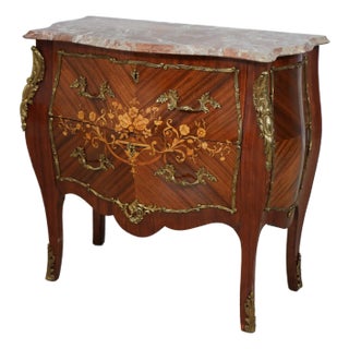 French Louis XV 2 Drawer Marble Top Bombe Chest For Sale