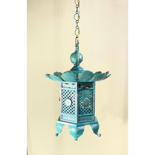 Vintage Japanese Patinated Brass Pagoda Temple Lantern / Pendent -17”x 12” For Sale - Image 13 of 17