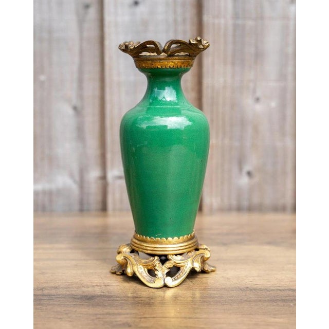 19th Century Antique Chinese Qing Green Crackle Glazed Porcelain and Ormolu Vase For Sale - Image 11 of 18