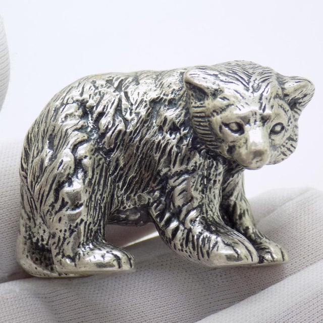 1970s Large Vintage Italian Handmade Silver Brown Bear Cub Figurine, Novara, 1970s For Sale - Image 5 of 16