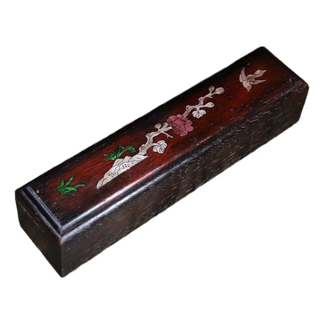 Vintage Chinese Rosewood Slide Box With Mother of Pearl Inlay, Plum Blossom & Bird Motif For Sale
