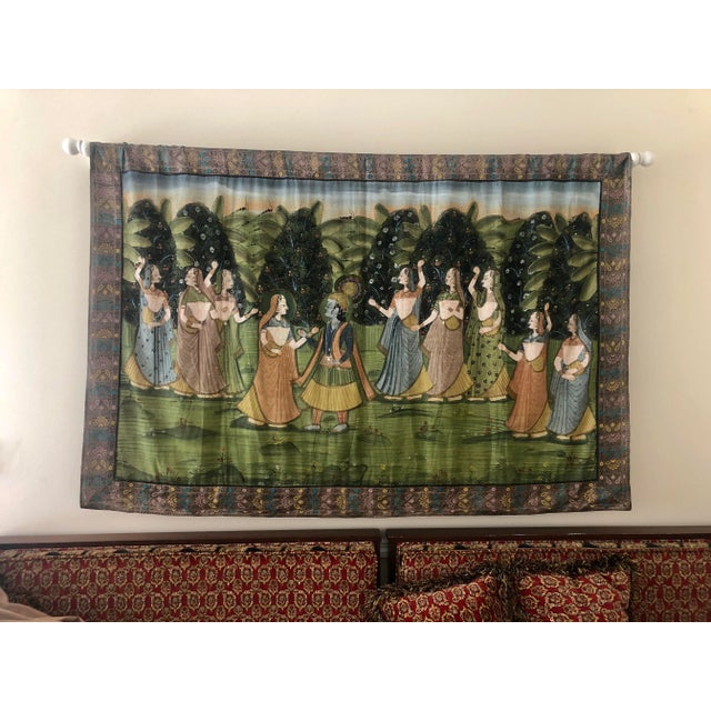 Olive 1970s Large Indian Silk Tapestry Art For Sale - Image 8 of 8