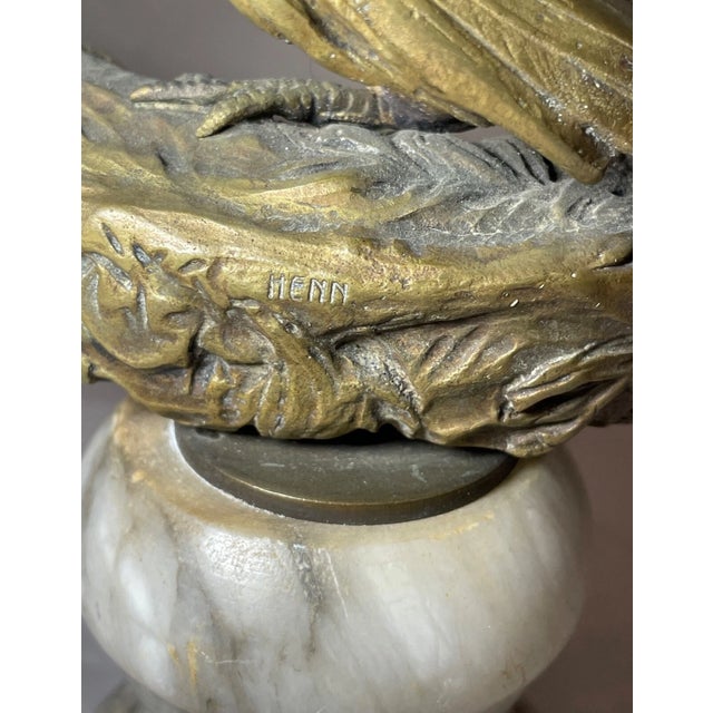 Antique German Rudolf Henn Bronze Alabaster Perched Pheasant Statue Sculpture For Sale - Image 4 of 14