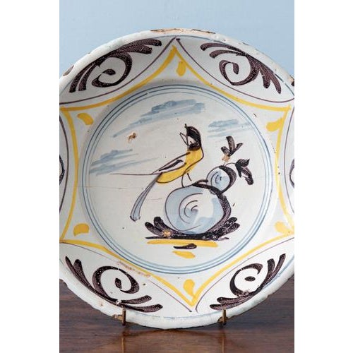 18th Century Dutch Delft Yellow and Manganese Bird Dish For Sale - Image 3 of 8