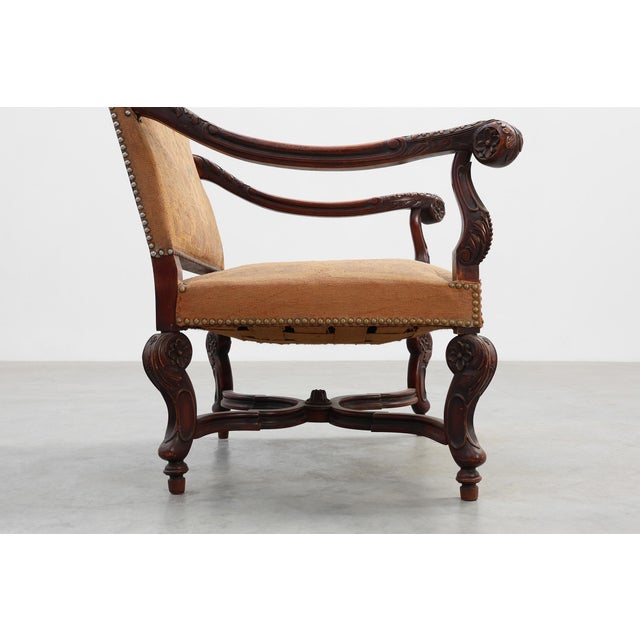 Baroque Carved Walnut Armchair with Scrolling and Tapestry Upholstery, France, 1800 For Sale - Image 3 of 16