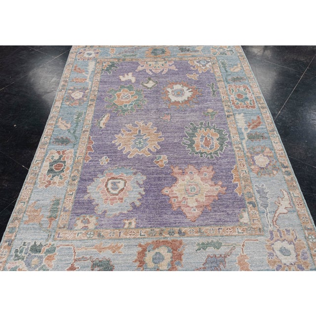 Turkish Oushak Rug Purple & Blue Floral Handwoven Wool Rug 4'11" X 6'10" For Sale In Houston - Image 6 of 9