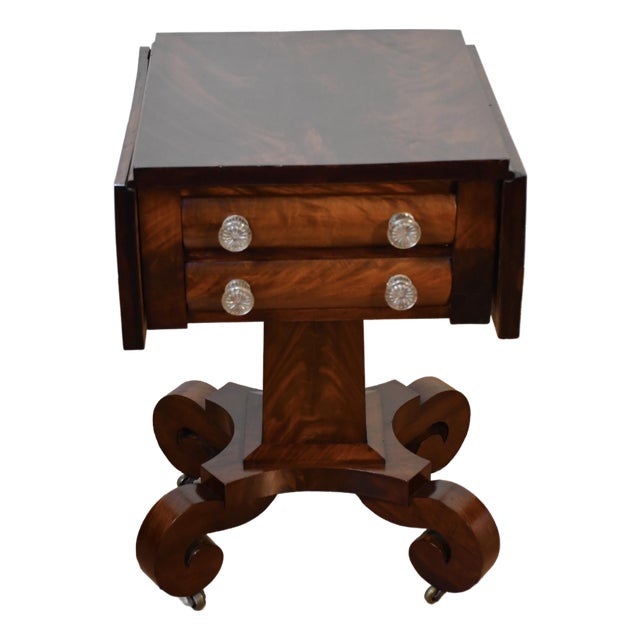 1880s Antique American Empire Crotch Mahogany Pembroke Drop-Leaf Work Table For Sale
