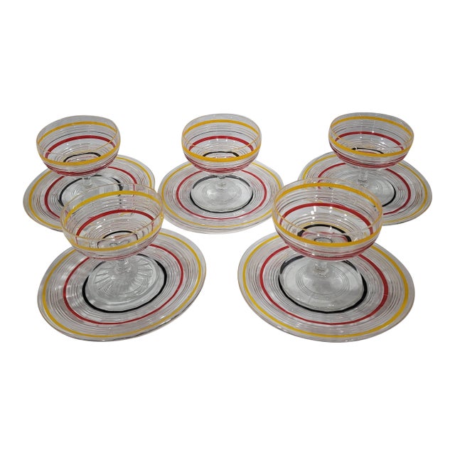 1930s Anchor Hocking Art Deco Banded Ring Low Stem Sherbet / Sorbet Dessert Sets Glasses & Plates Yellow, Orange, Red, Black- 11 Pieces For Sale