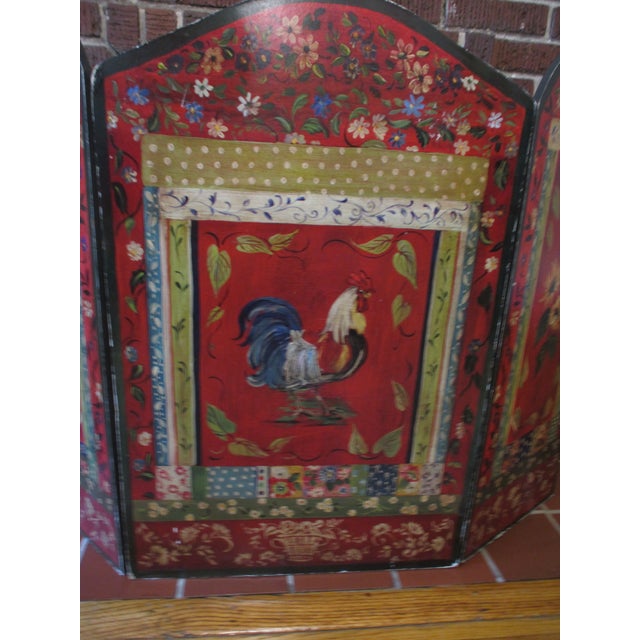 Vintage French Country Red Ornate Rooster Design With Basket Fire Screen For Sale - Image 4 of 13