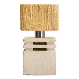 French Limestone Table Lamp with Shade by Albert Tormos, 1970s For Sale