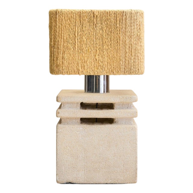 French Limestone Table Lamp with Shade by Albert Tormos, 1970s For Sale