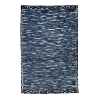 Contemporary Handmade Oceanic Blue Wave Kilim Wool Area Rug Luxury Flat-Weave For Sale