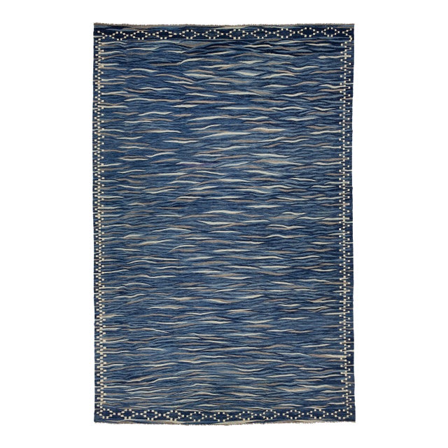 Contemporary Handmade Oceanic Blue Wave Kilim Wool Area Rug Luxury Flat-Weave For Sale