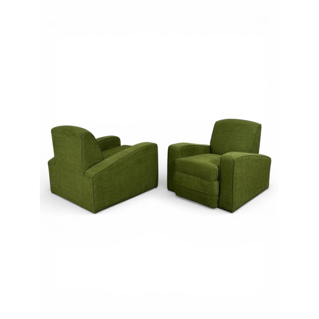 Pair Art Deco Club Chairs - France Circa 1930s - Green Velvet Speed Armchairs For Sale - Image 9 of 10