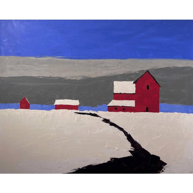 Red Barn in Winter by Sandra Pratt | Oil on Panel Winter landscape with red barns and snow. For Sale