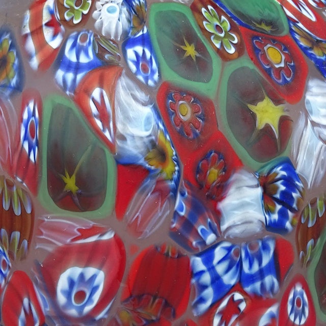 Late 20th Century Vintage Murano Millefiori Flowers Stars Red Blue White Mosaic Italian Art Glass Flower Vase For Sale - Image 5 of 6