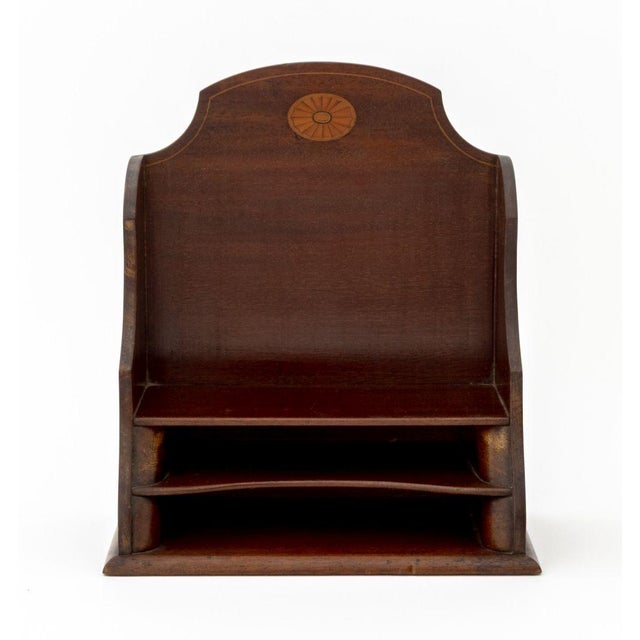 Asprey Satinwood Inlaid Mahogany Correspondence Rack, "Asprey / London" label to reverse. 10" H x 9" W x 5.25" D....