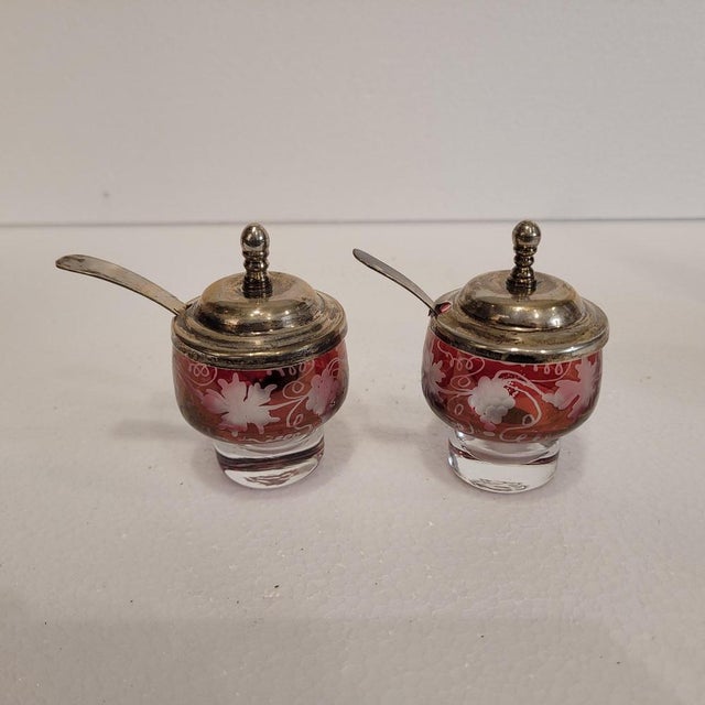 Bohemian Oil, Vinegar, Salt, and Pepper Set in Crystal and Silver-Plated Metal from Convoy, Czech Republic, 1940s For Sale - Image 14 of 18