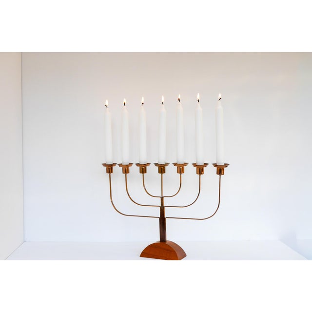 Large Vintage Brass and Elm Candelabra, 1940s For Sale - Image 9 of 11