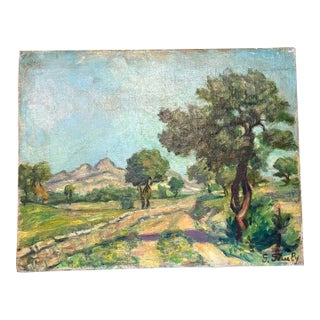 Early 20th Century French School Signed Oil on Canvas — Provençal Landscape With Olive Trees and Mountain by G. Fauly — Unframed For Sale