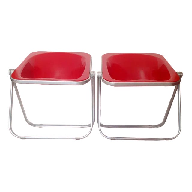 Italian Red Folding Chairs by Giancarlo Piretti, 1970s, Set of 2 For Sale