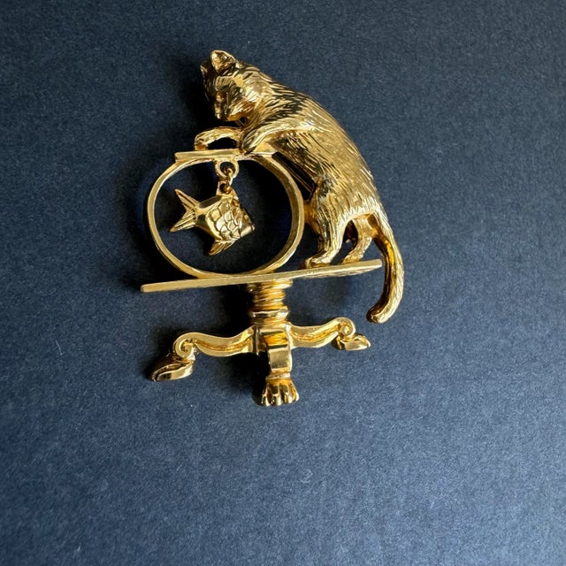 Vintage Cat & Gold Fish Bowl Brooch Gold Tone Pin Kitty Kitten Avon Signed Avon